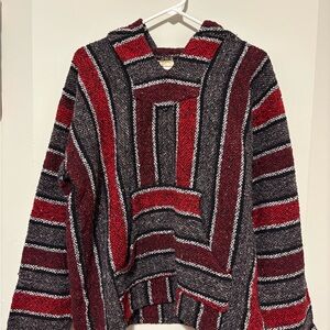 Classic Baja Hoodie Red Black Woven Mexican Poncho